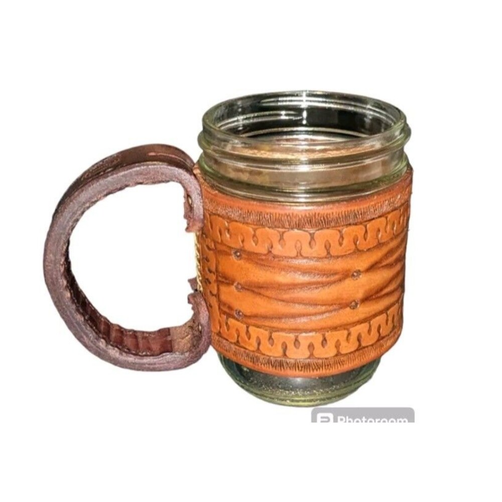 Hand Tooled Mug Holder Hugger Rodney Carley Leather Goods Fits Pint Glass Jar